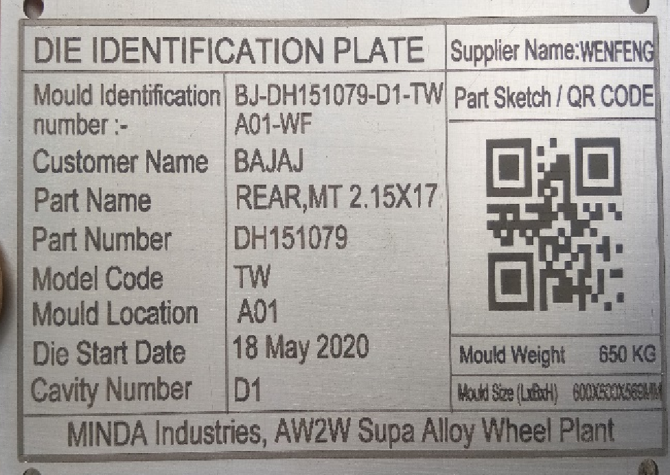 Die Identification Plate Laser Marking